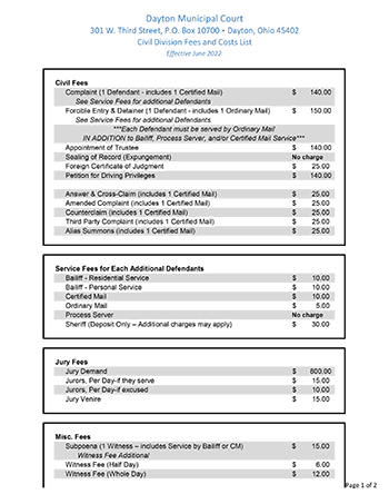Civil Division Fees and Costs List